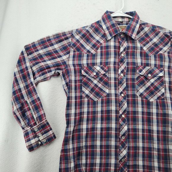 Young Bloods Shirt Men's Long Sleeve Pearl Snap Up Collared Plaid Western Blue M - Picture 4 of 12